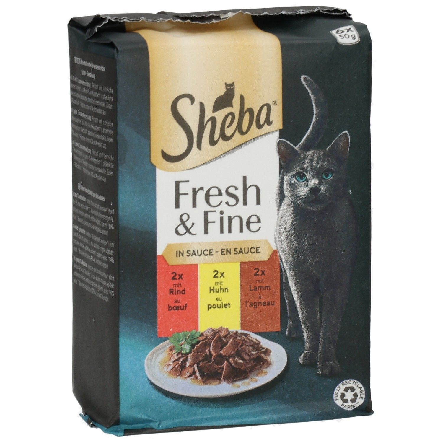 Sheba Fresh & Fine in Sauce 6x50g Packung mit Rind, Huhn und Lamm. Seitenansicht mit Text.