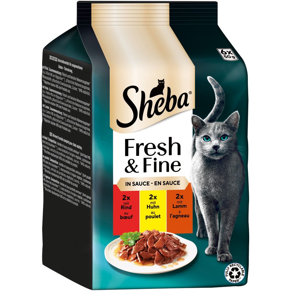 Sheba Fresh & Fine in Sauce 6x50g Packung mit Rind, Huhn und Lamm. Rückseite mit Fütterungsempfehlung.