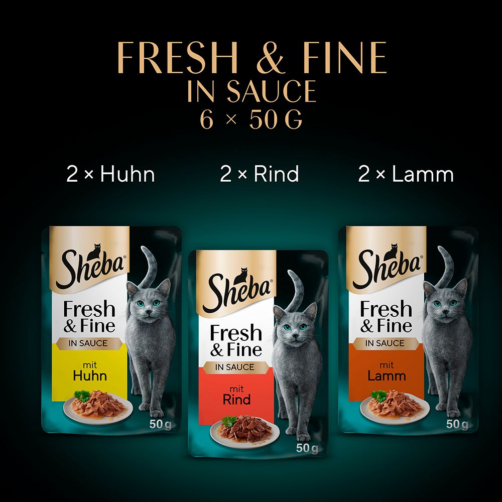 Drei Sheba Fresh & Fine in Sauce Beutel: Huhn, Rind und Lamm. Jeweils 50g.