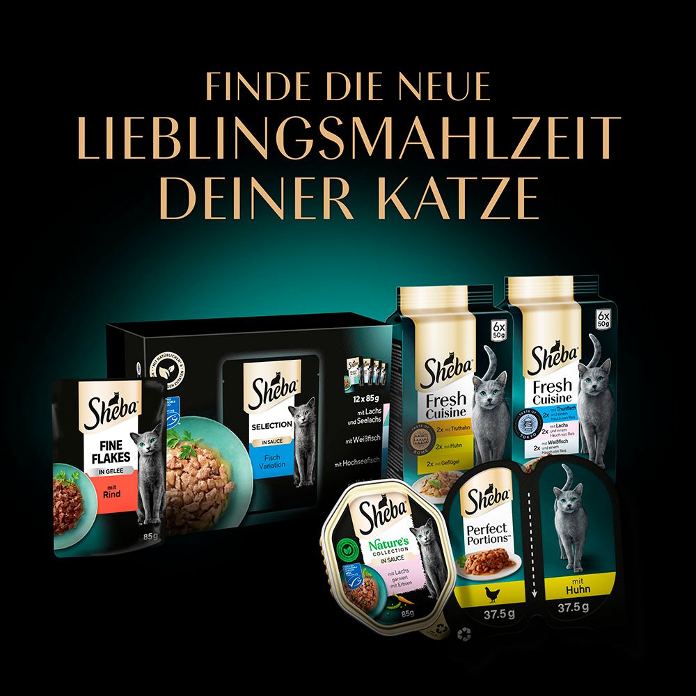 Verschiedene Sheba Katzenfutterprodukte in Schachteln und Schalen.