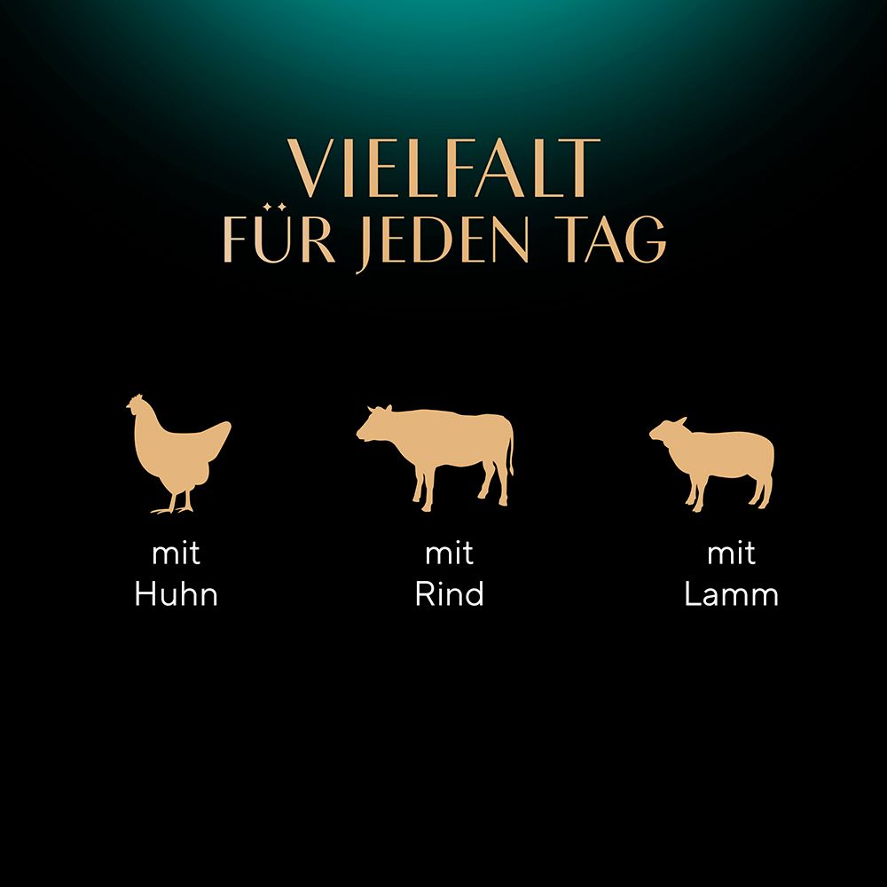 Symbole für Huhn, Rind und Lamm mit Text.