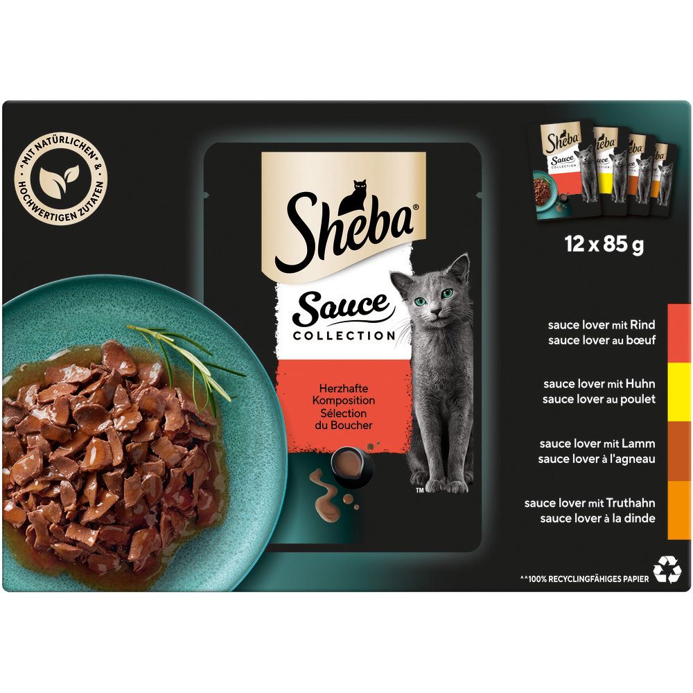 Sheba Sauce Collection 12x85g Packung mit Katzennahrung in Sauce, Rind, Huhn, Lamm und Truthahn.
