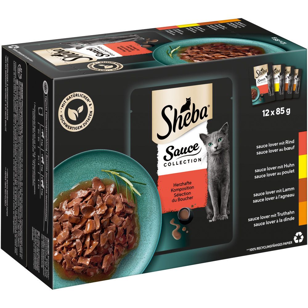 Sheba Sauce Collection 12x85g Packung mit Katzennahrung in Sauce, Rind, Huhn, Lamm und Truthahn.