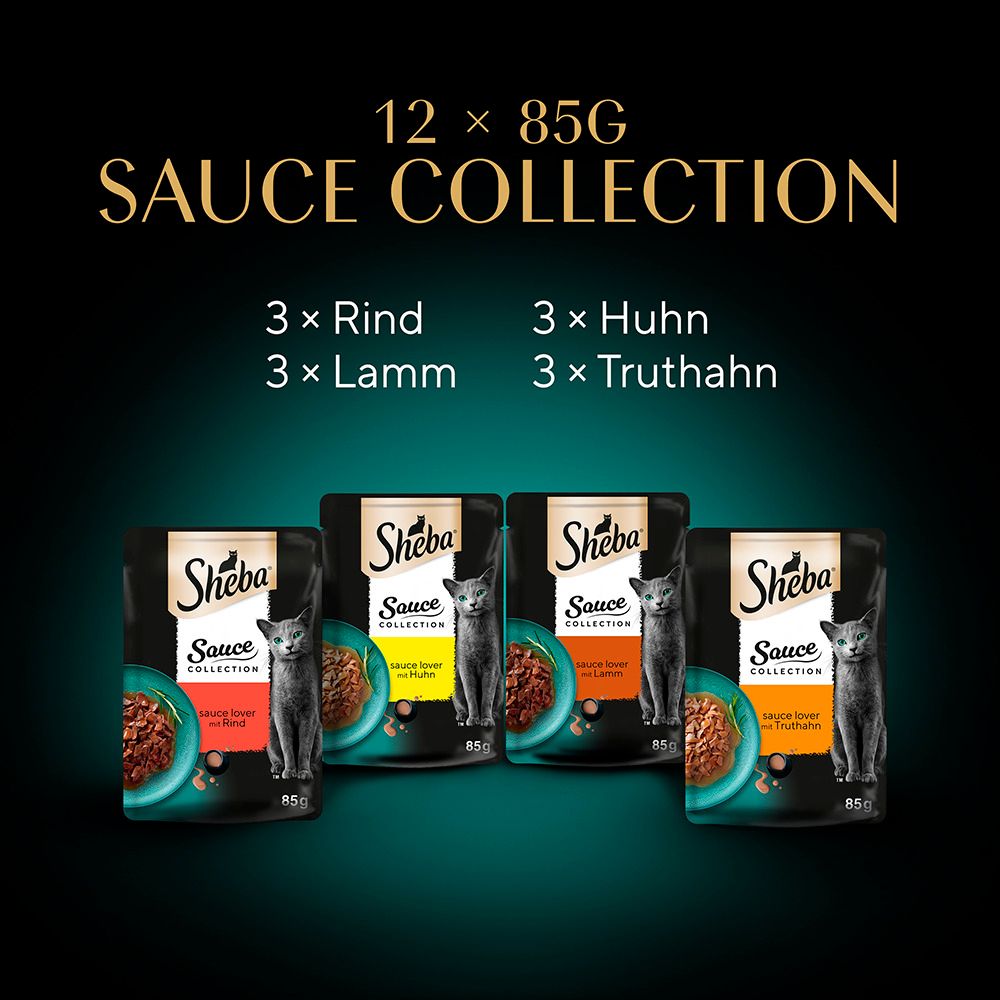 Sheba Sauce Collection: 3x Rind, 3x Huhn, 3x Lamm, 3x Truthahn. Einzelne Beutel mit Katzennahrung.