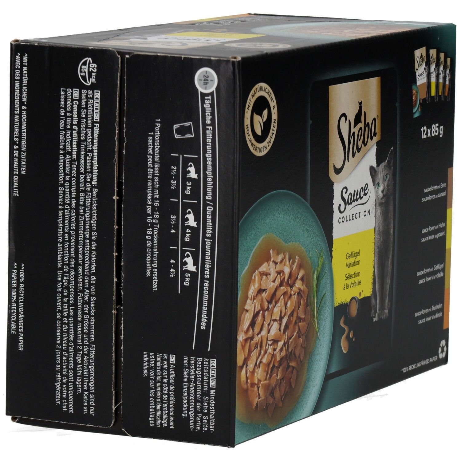 Sheba Sauce Collection Geflügel Variation 12x85g Multipackung, Rückseite.