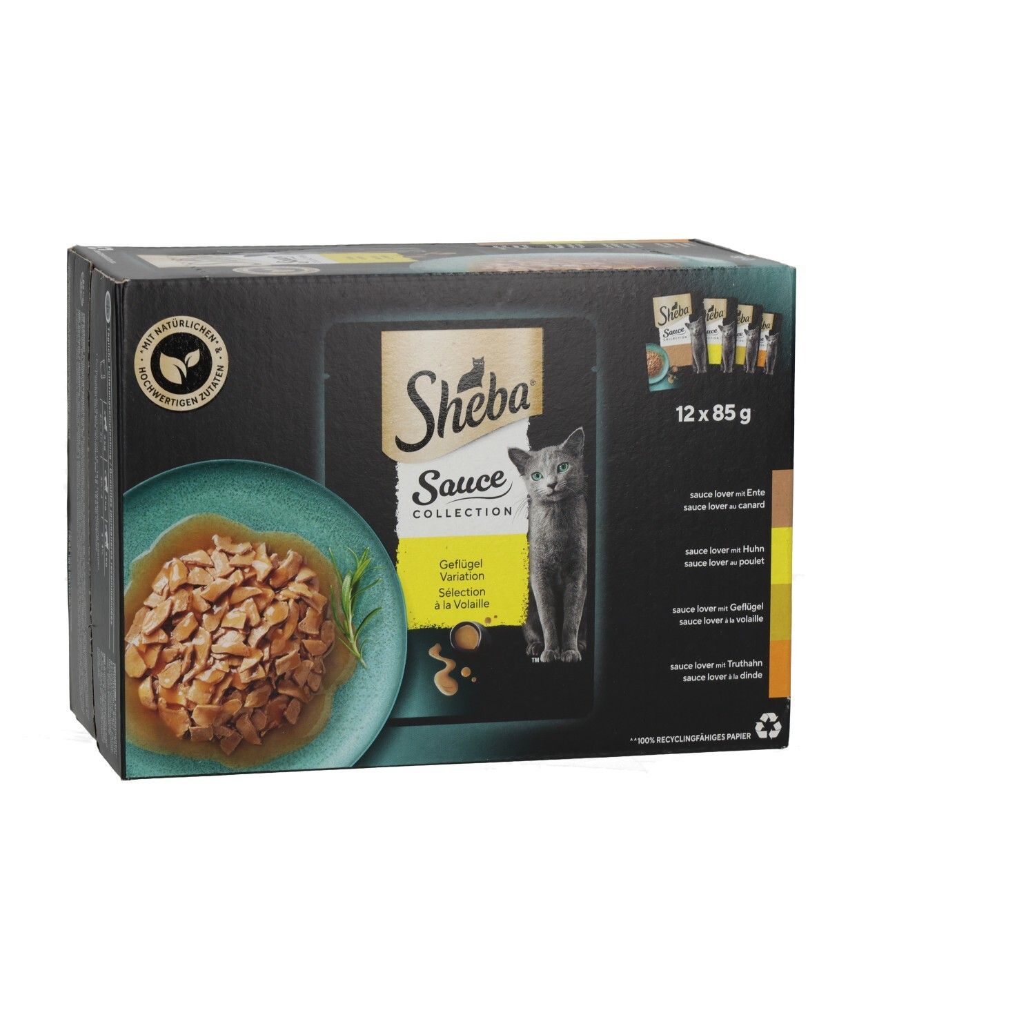 Sheba Sauce Collection Geflügel Variation 12x85g Multipackung, Vorderseite.