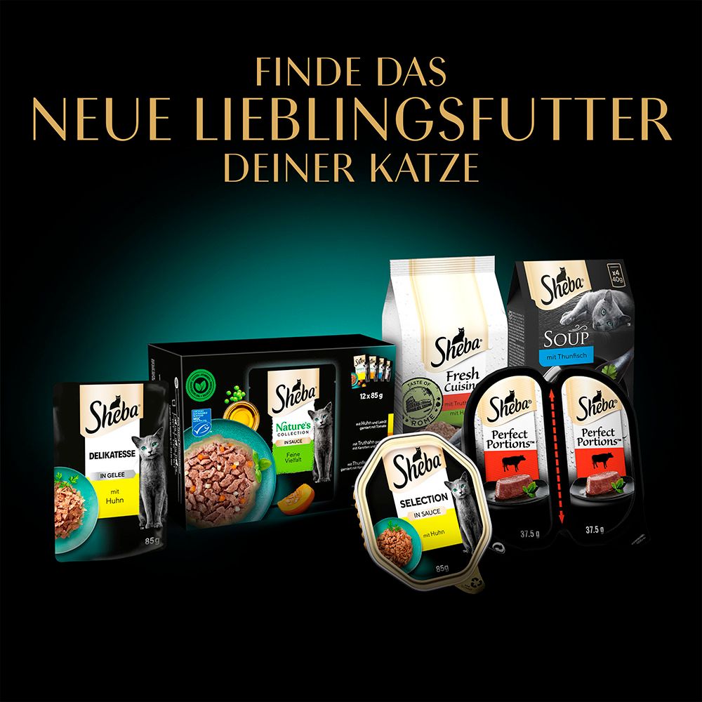 Sheba Katzenfutter-Sortiment: Beutel, Schalen und Beutel in Sauce.