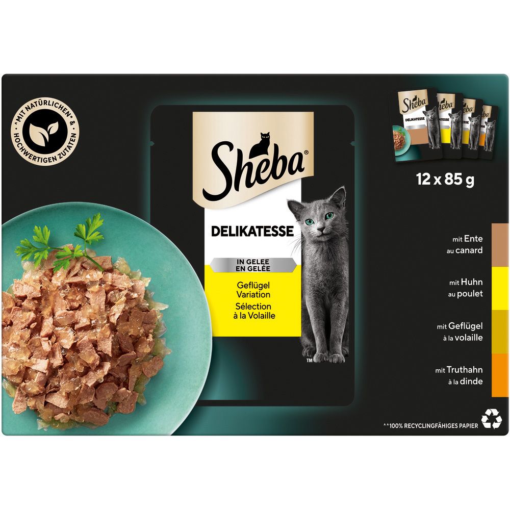 Sheba Delikatesse in Gelee Geflügel Variation Multipackung, 12 x 85g Beutel.