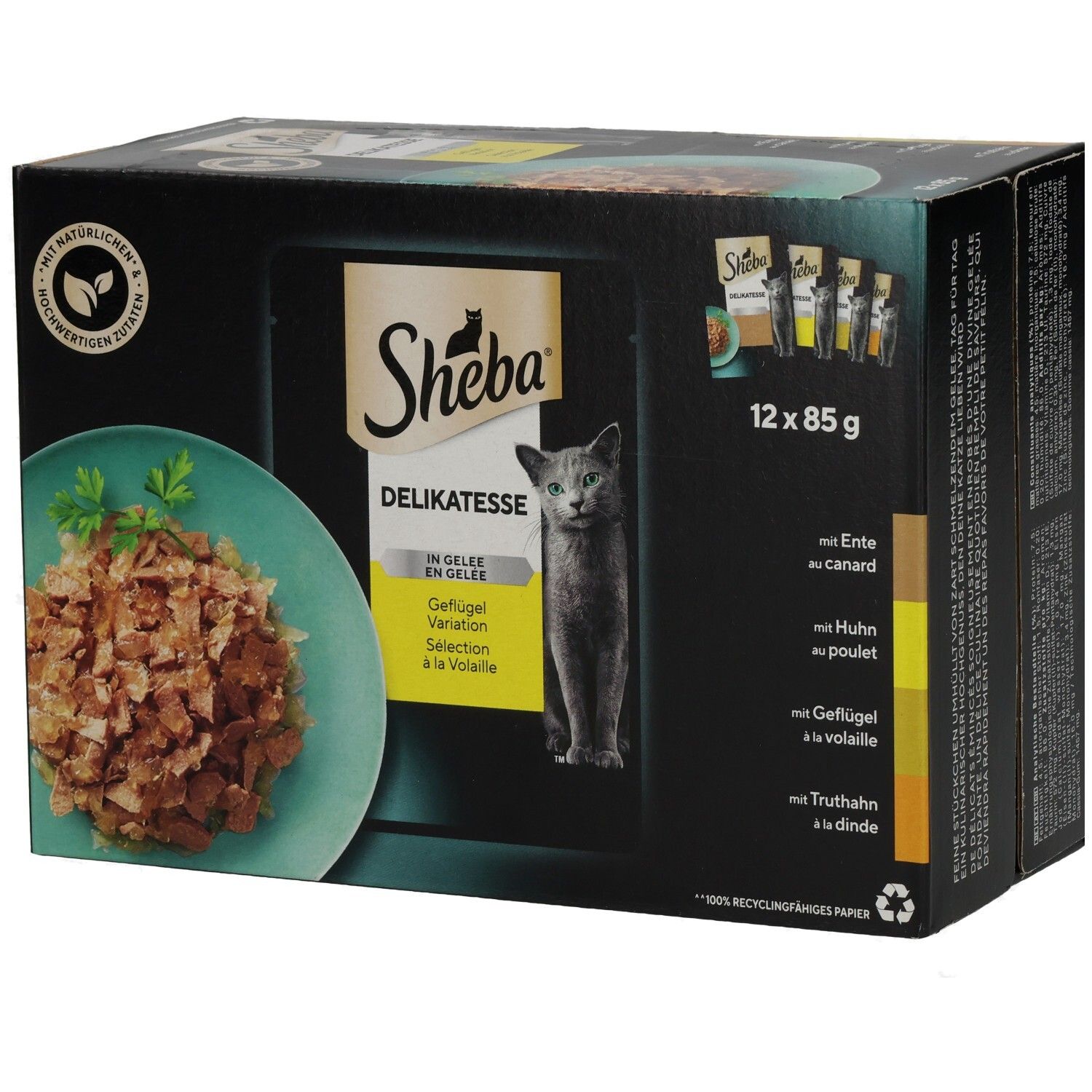 Sheba Delikatesse in Gelee Geflügel Variation Multipackung, 12 x 85g Beutel, Vorderansicht.