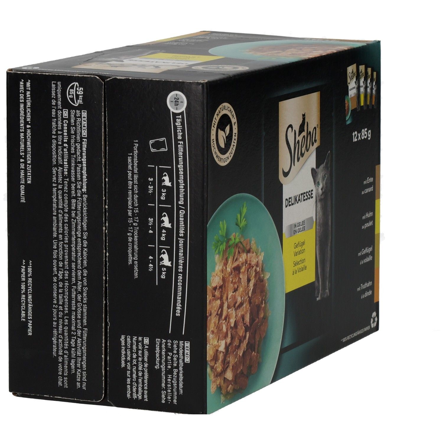 Sheba Delikatesse in Gelee Geflügel Variation Multipackung, 12 x 85g Beutel, schräge Ansicht.