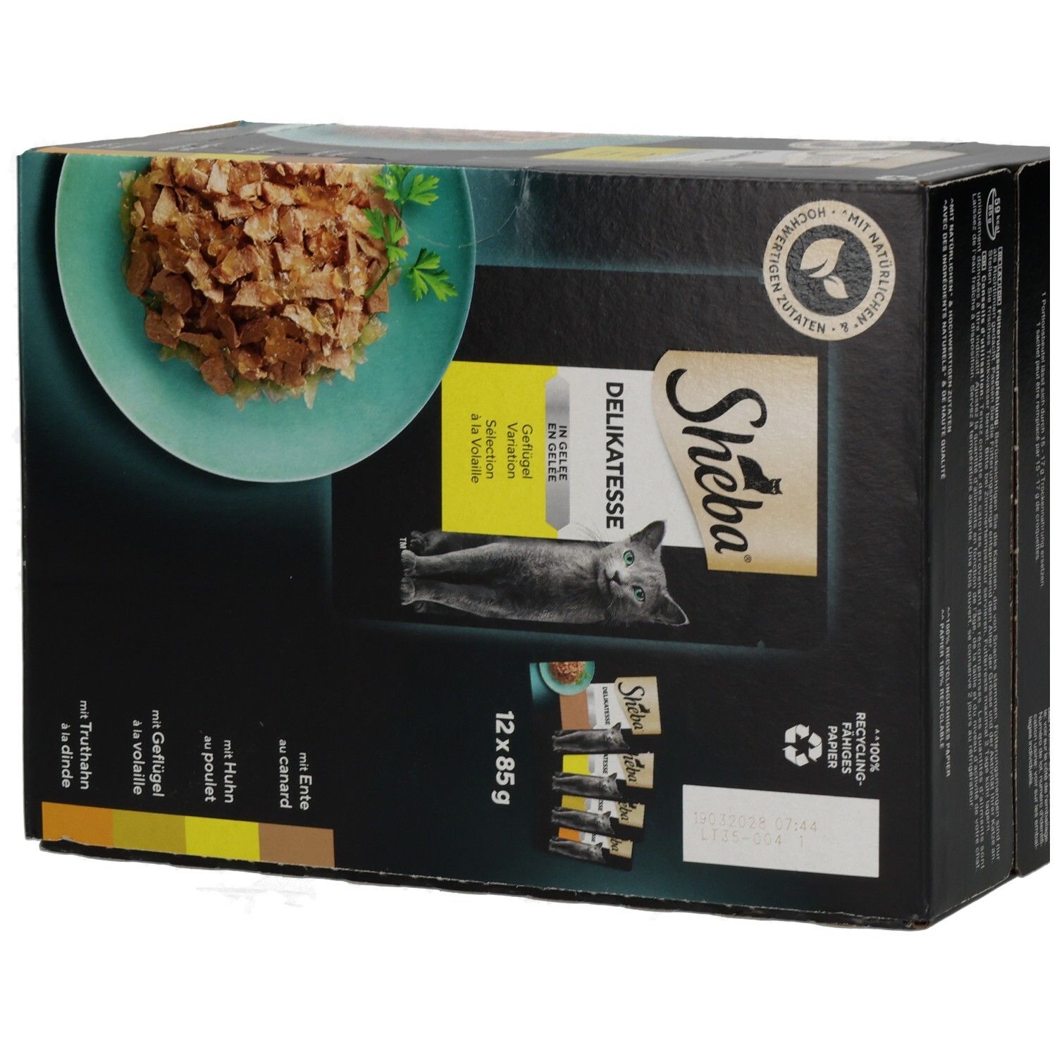 Sheba Delikatesse in Gelee Geflügel Variation Multipackung, 12 x 85g Beutel, Rückansicht.