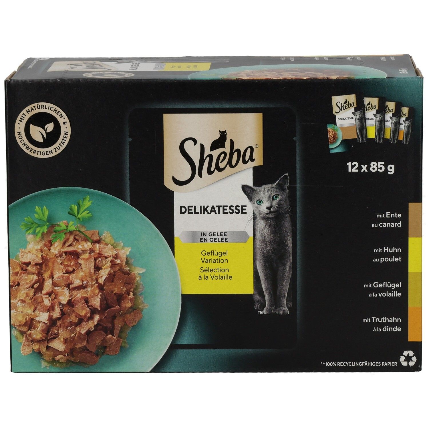 Sheba Delikatesse in Gelee Geflügel Variation Multipackung, 12 x 85g Beutel, Vorderansicht.