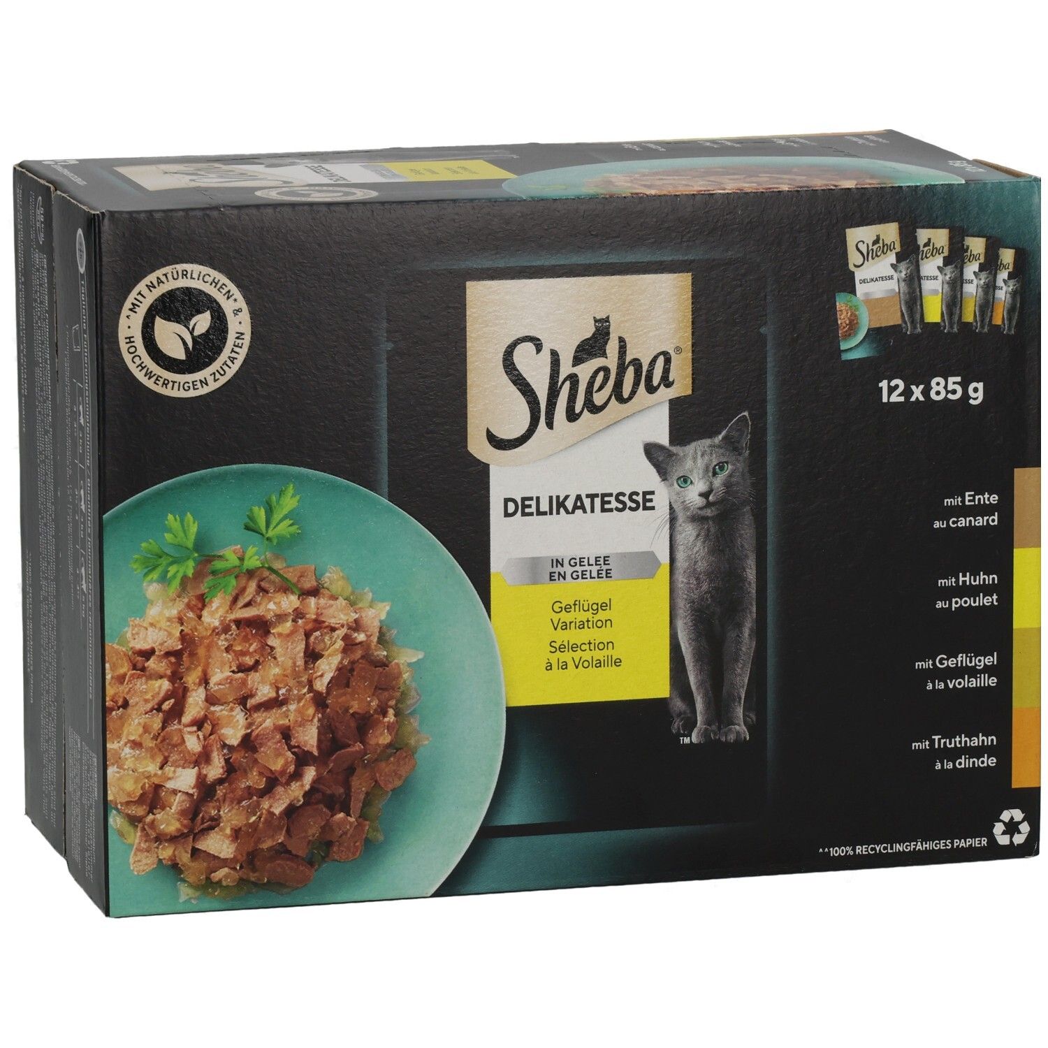Sheba Delikatesse in Gelee Geflügel Variation Multipackung, 12 x 85g Beutel, schräge Ansicht.