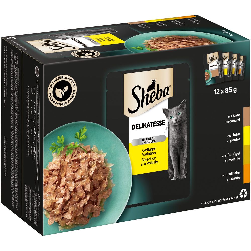 Sheba Delikatesse in Gelee Geflügel Variation Multipackung, 12 x 85g Beutel, Seitenansicht.