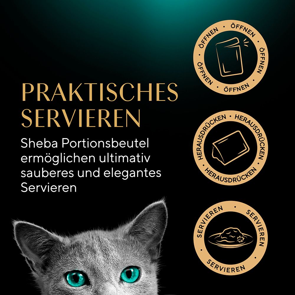 Anleitung zum praktischen Servieren von Sheba Portionsbeuteln für Katzen.