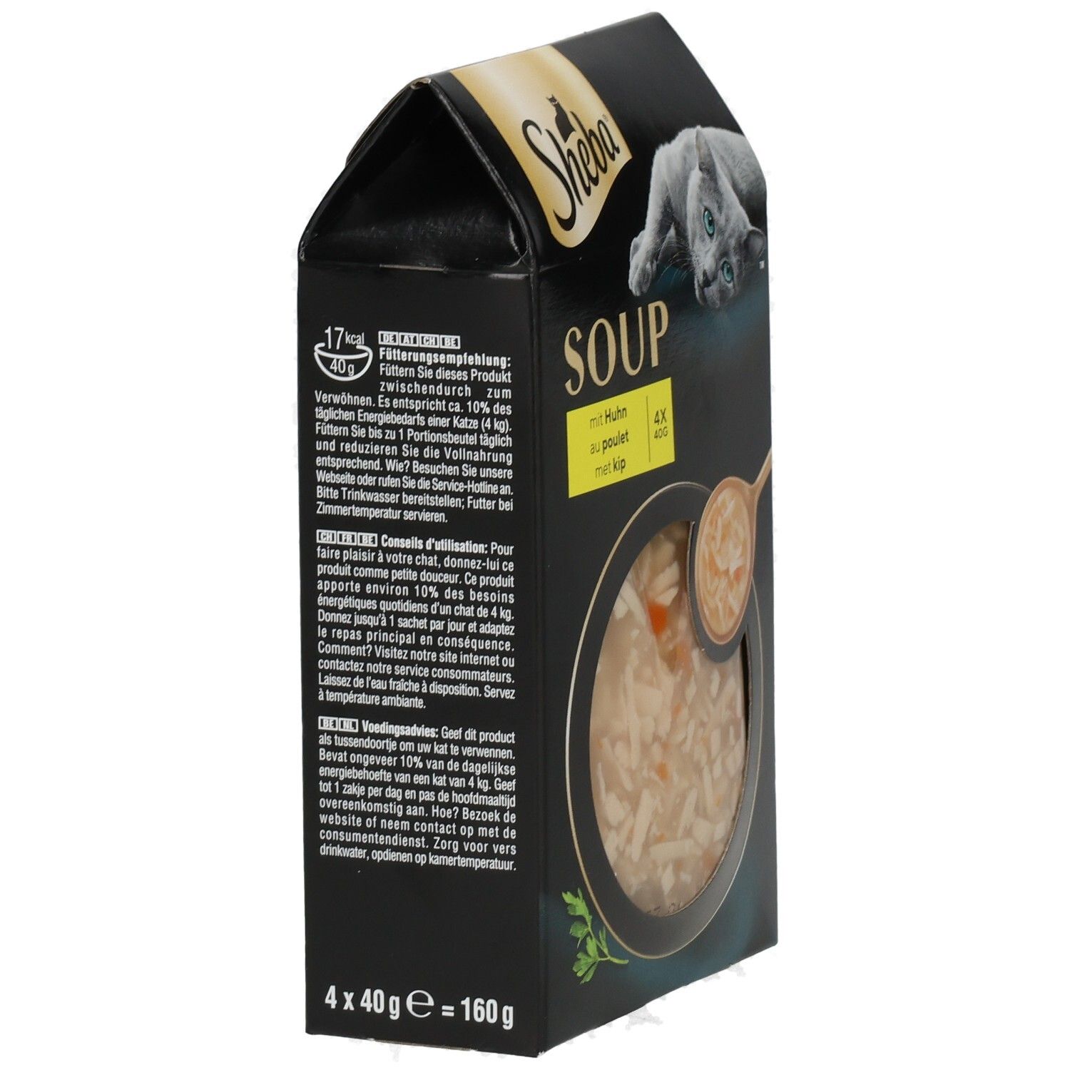 Sheba Classic Soup Hühnchenbrustfilets Katzenfutter, 4x40g Packung mit Seitenansicht und Fütterungshinweisen.