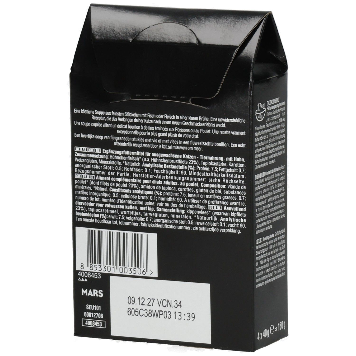 Sheba Classic Soup Hühnchenbrustfilets Katzenfutter, 4x40g Packung mit Rückseitenansicht und Inhaltsstoffen.