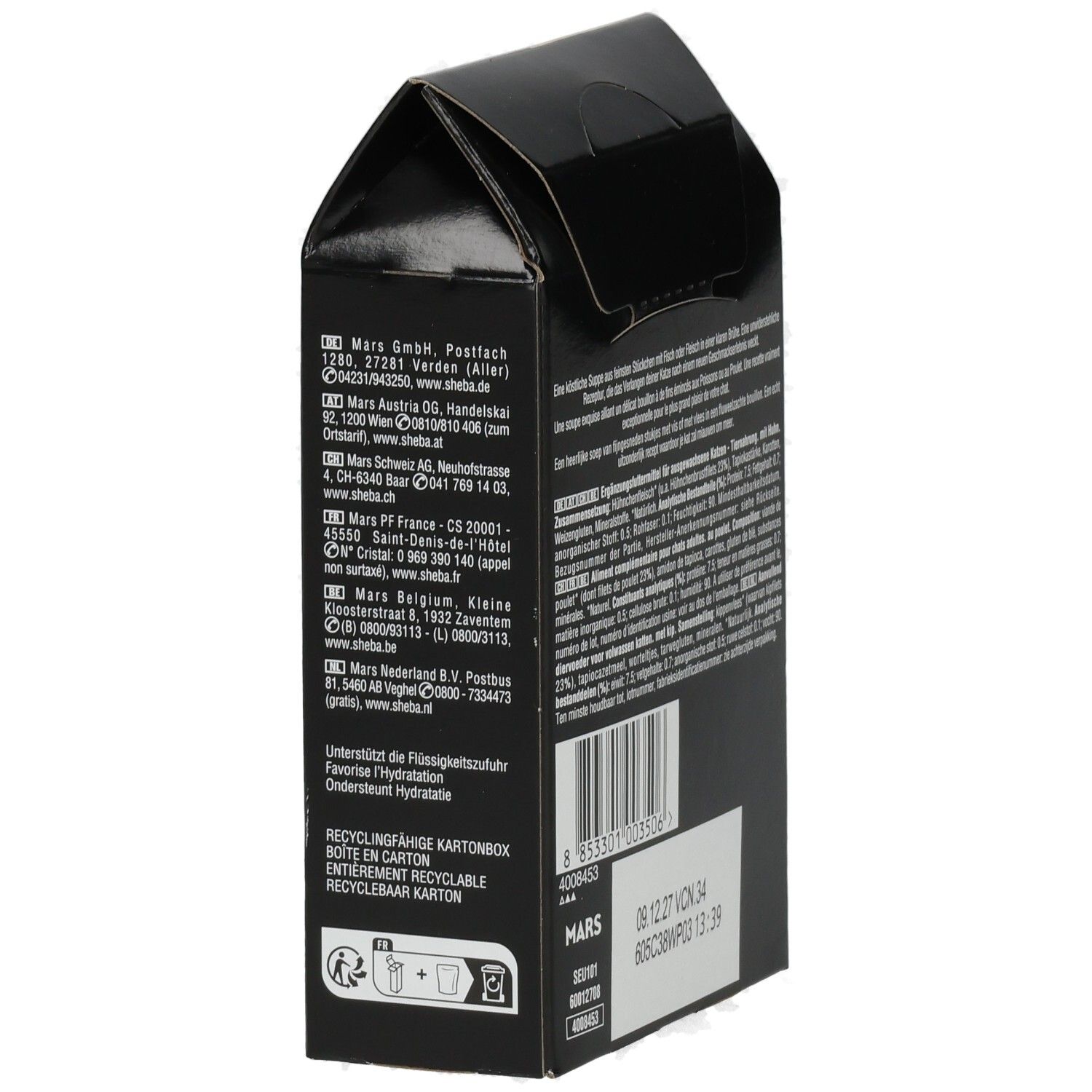 Sheba Classic Soup Hühnchenbrustfilets Katzenfutter, 4x40g Packung mit Adressinformationen und Recycling-Symbolen.