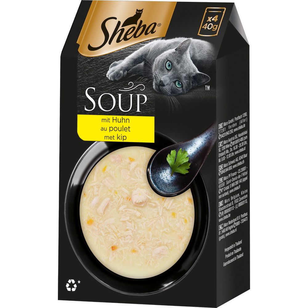 Sheba Classic Soup Hühnchenbrustfilets Katzenfutter, 4x40g Packung mit Rückseitenansicht.