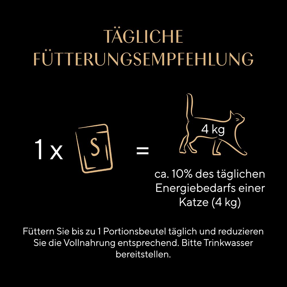 Sheba Fütterungsempfehlung: 1 Beutel für 4kg Katze, ca. 10% des täglichen Energiebedarfs.