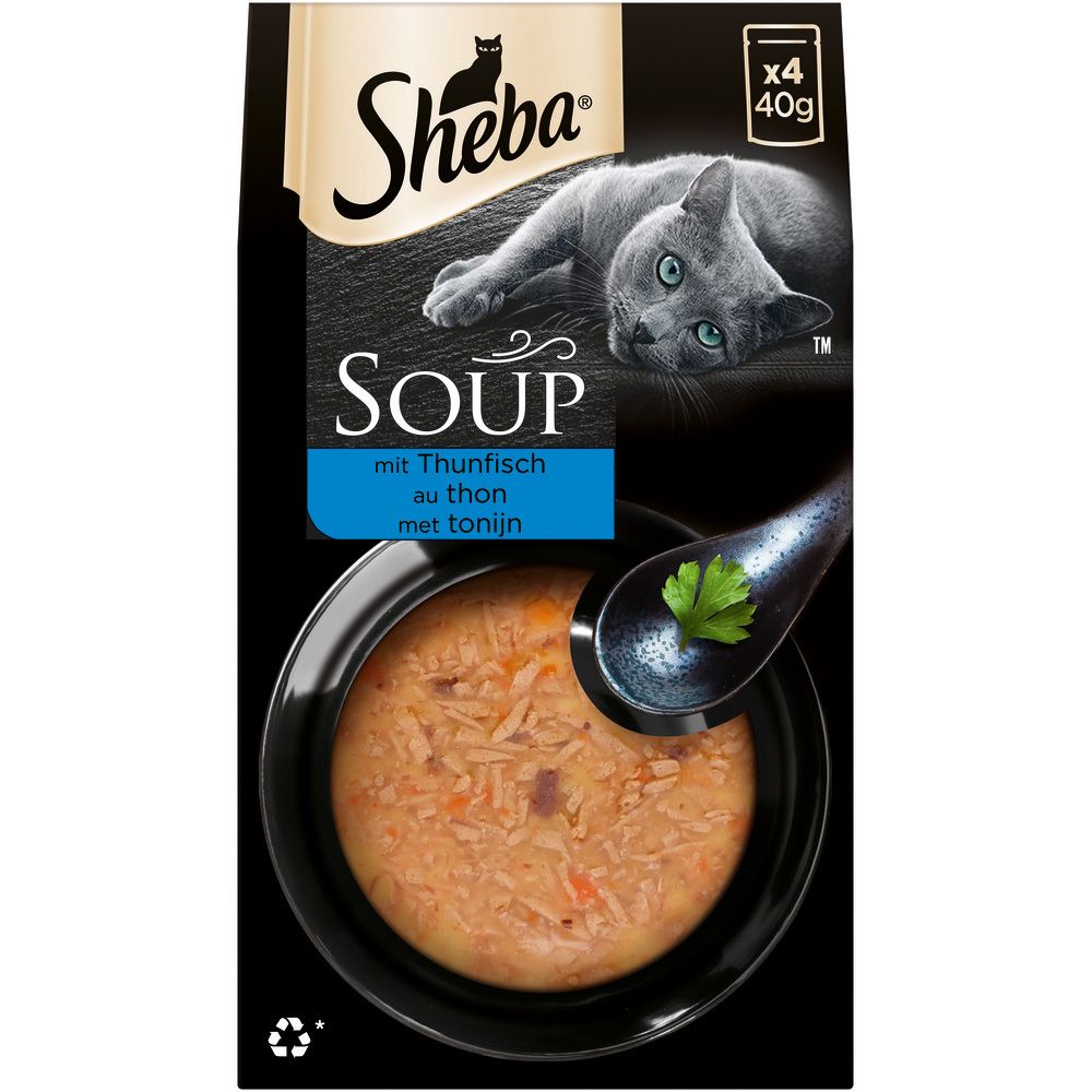 Sheba Classic Soup 40g 4 Pack mit Thunfisch: Schale mit Suppe und Löffel daneben.