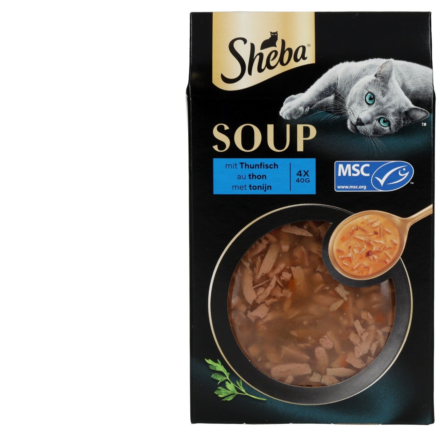 Sheba Classic Soup 40g 4 Pack mit Thunfisch: Verpackung mit MSC-Siegel.