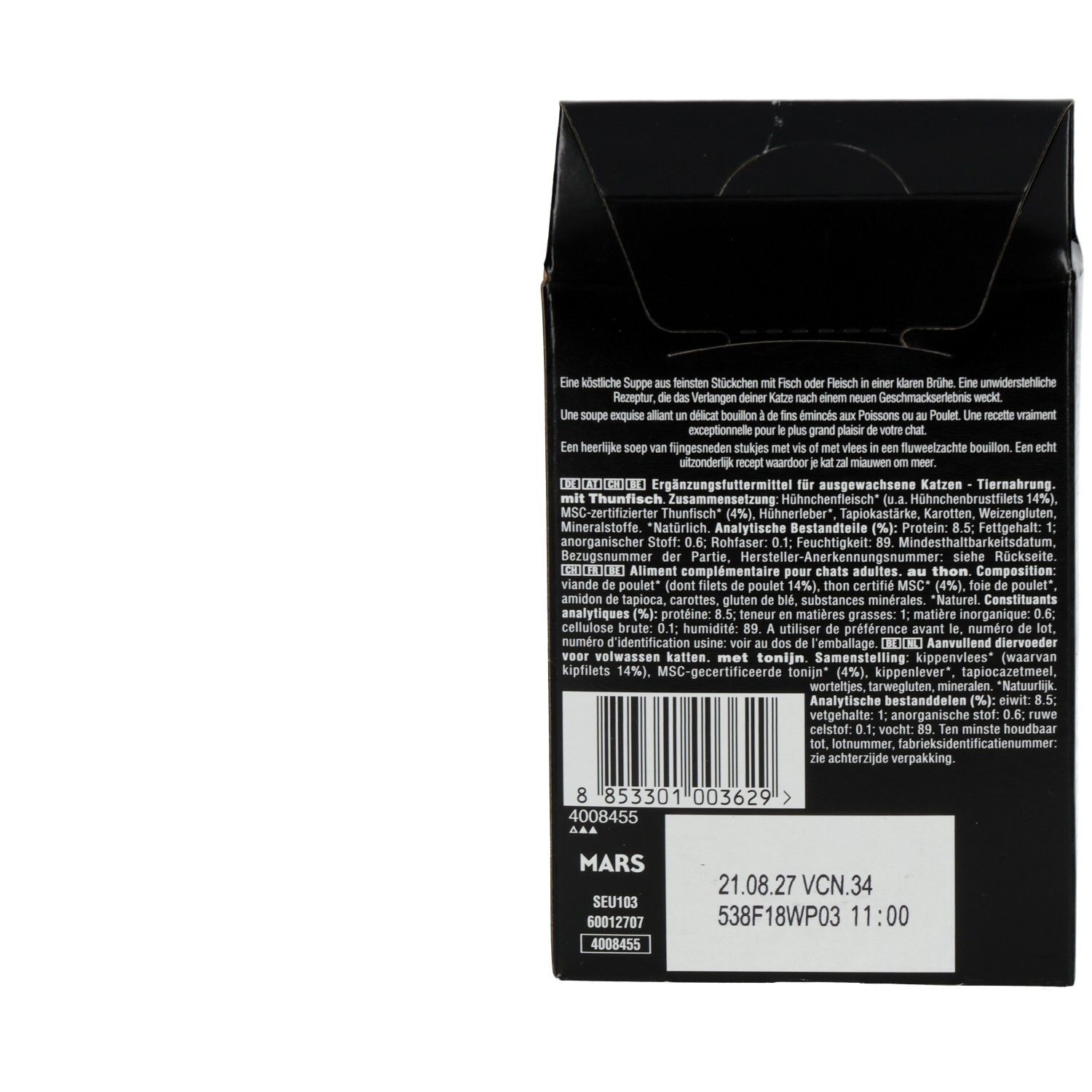 Sheba Classic Soup: Rückseite der Verpackung mit Zutaten und Haltbarkeitsdatum.