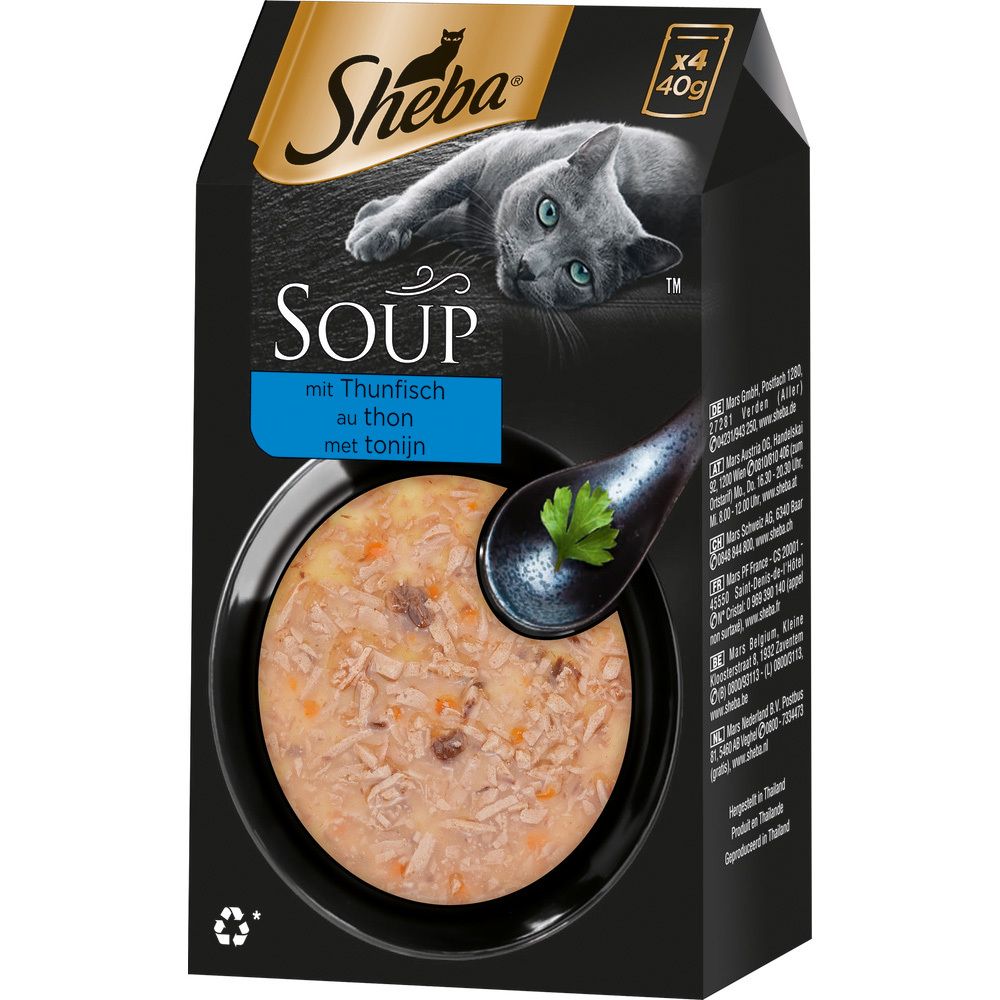Sheba Classic Soup 40g 4 Pack mit Thunfisch: Verpackung mit Seitenansicht und Nährwertangaben.