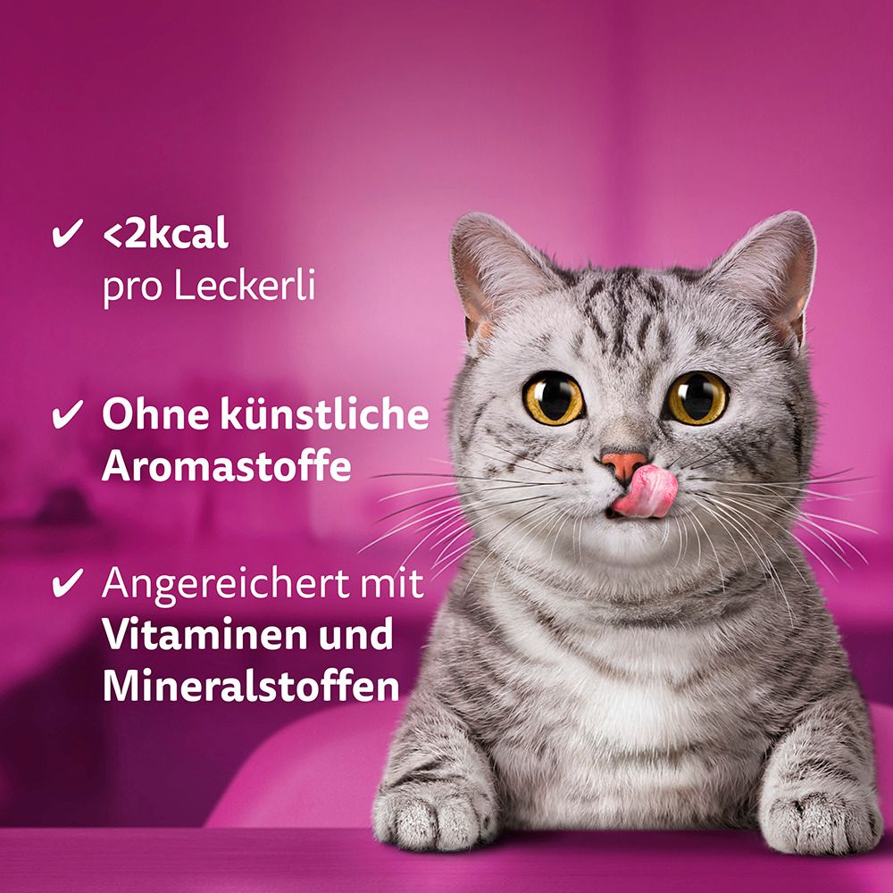 Katze leckt sich die Lippen vor Whiskas Knuspertaschen mit Lachs.