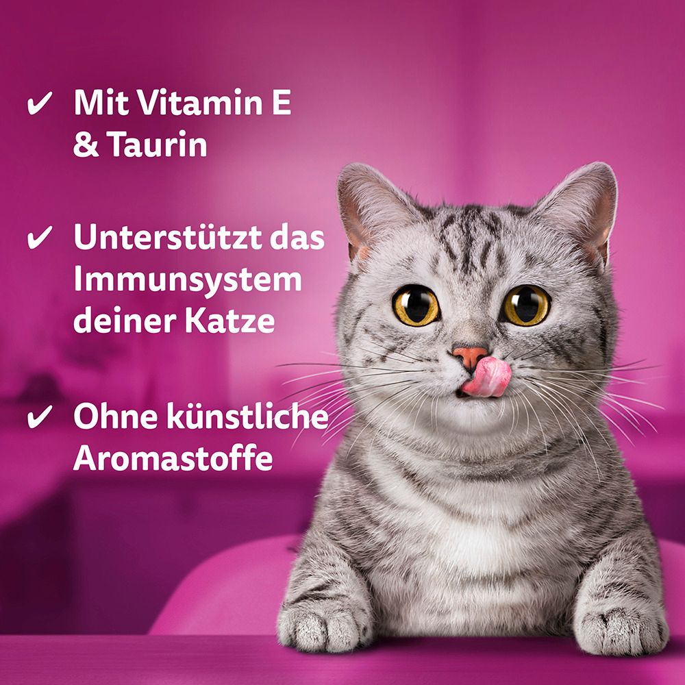 Katze leckt sich die Schnauze vor einem Hintergrund mit Whiskas Vitamin E-xtra Text.