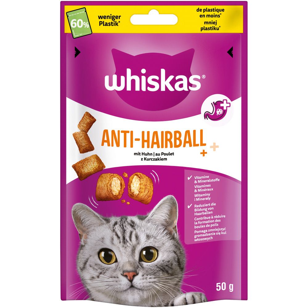 Whiskas Anti-Hairball Katzenleckerlis mit Huhn, 50g Beutel.