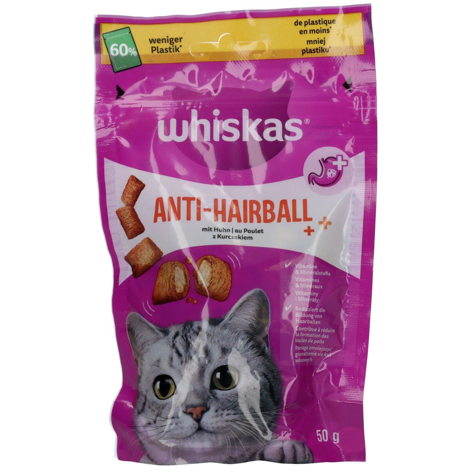 Rückseite eines Whiskas Anti-Hairball Katzenleckerli-Beutels mit Inhaltsstoffen.