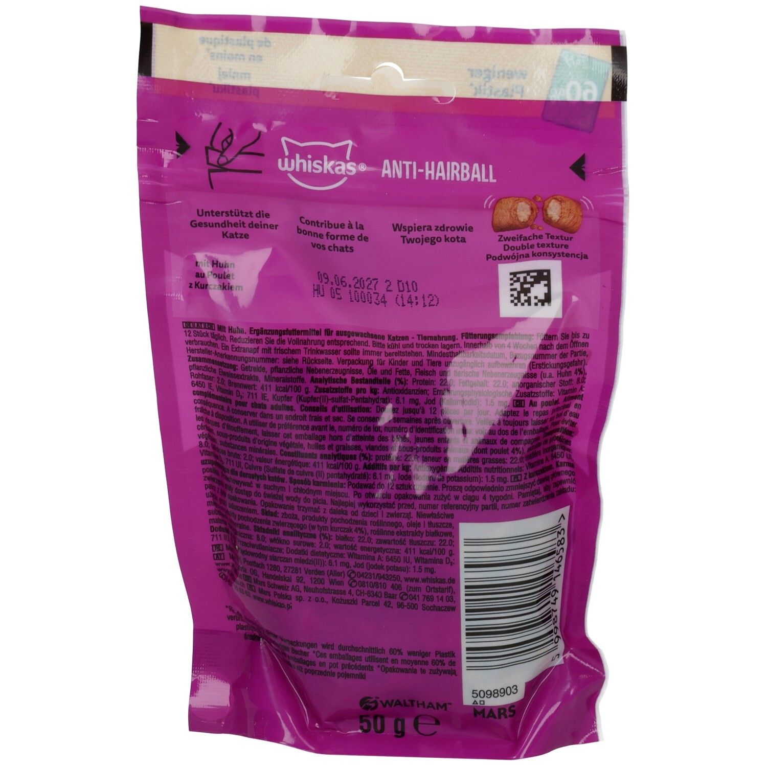 Whiskas Anti-Hairball Katzenleckerlis mit Huhn, 50g Beutel, Vorderseite.