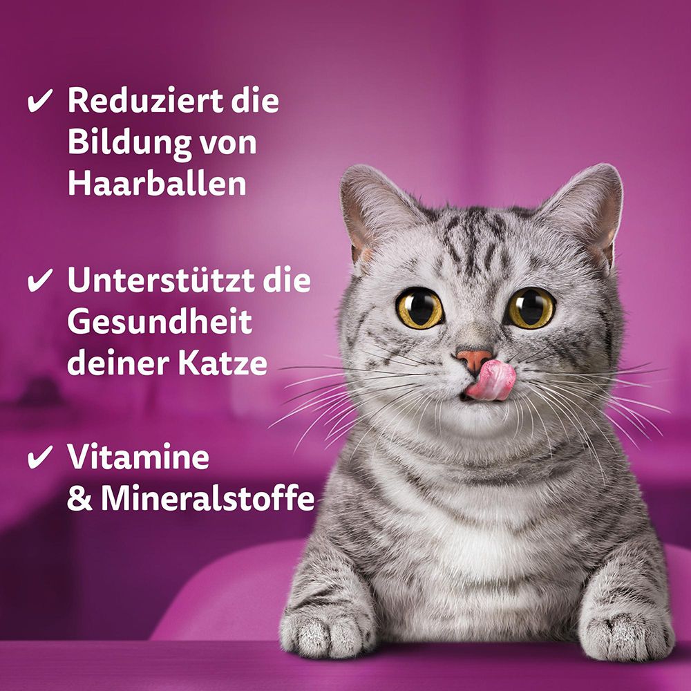 Katze leckt sich die Lippen, mit Text über reduzierte Haarballbildung und Vitamine.