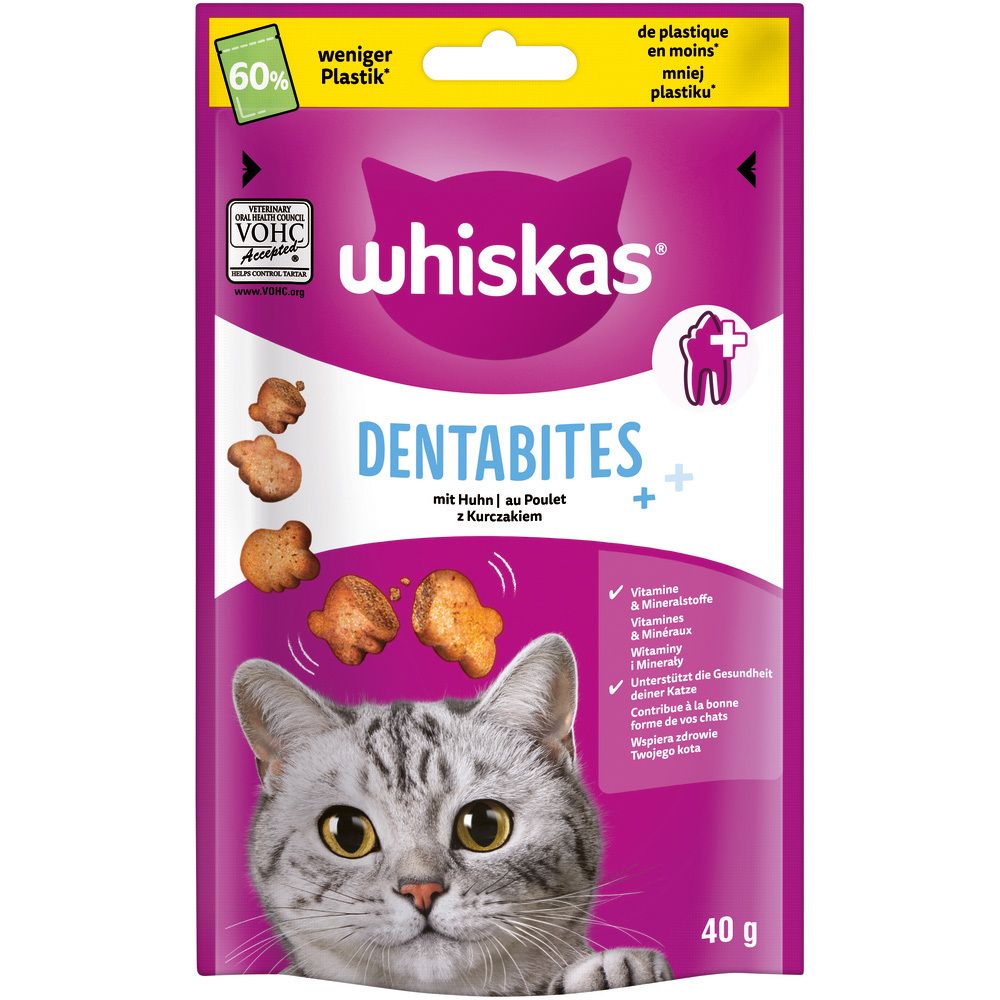 Whiskas Dentabites Katzenfutter-Beutel mit Huhn, 40g. Enthält Vitamine und Mineralstoffe.