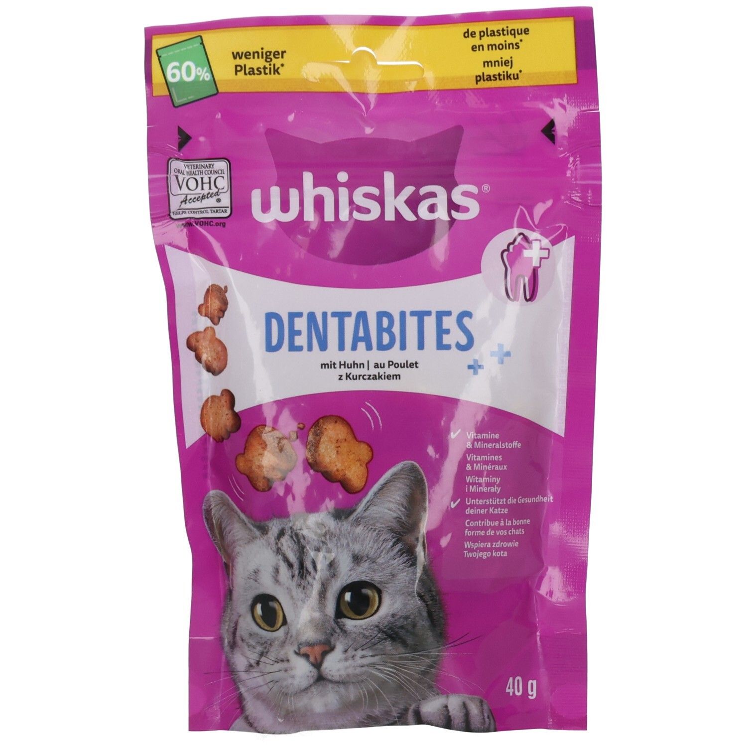 Whiskas Dentabites Katzenfutter-Beutel mit Huhn, 40g. Weniger Plastik.