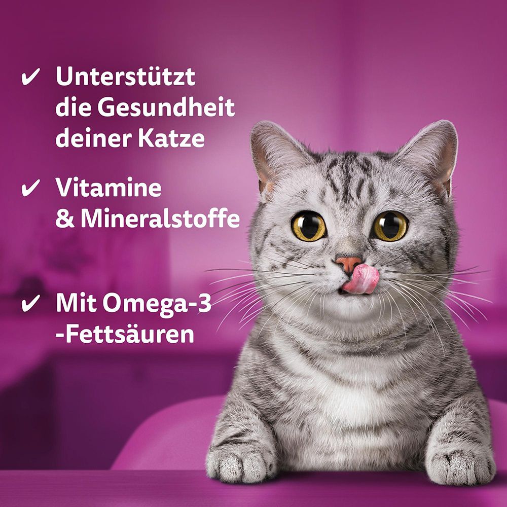 Katze leckt sich die Schnauze, mit Text über Vitamine, Mineralstoffe und Omega-3-Fettsäuren.