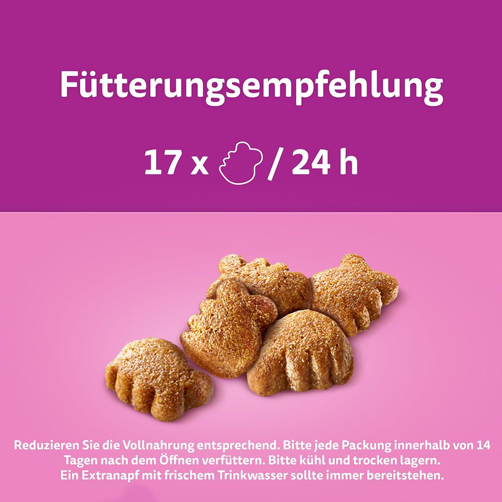 Fütterungsempfehlung für Katzenfutter: 17x pro 24h. Mehrere knusprige Snacks.