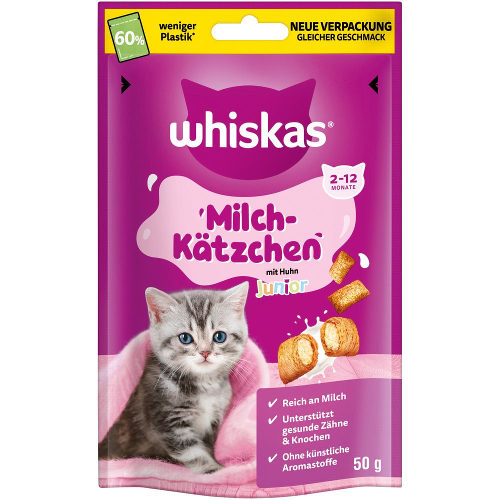 Whiskas Milch-Kätzchen Junior Huhn Snack Beutel, 50g. Mit Kätzchen-Abbildung und Produktabbildungen.