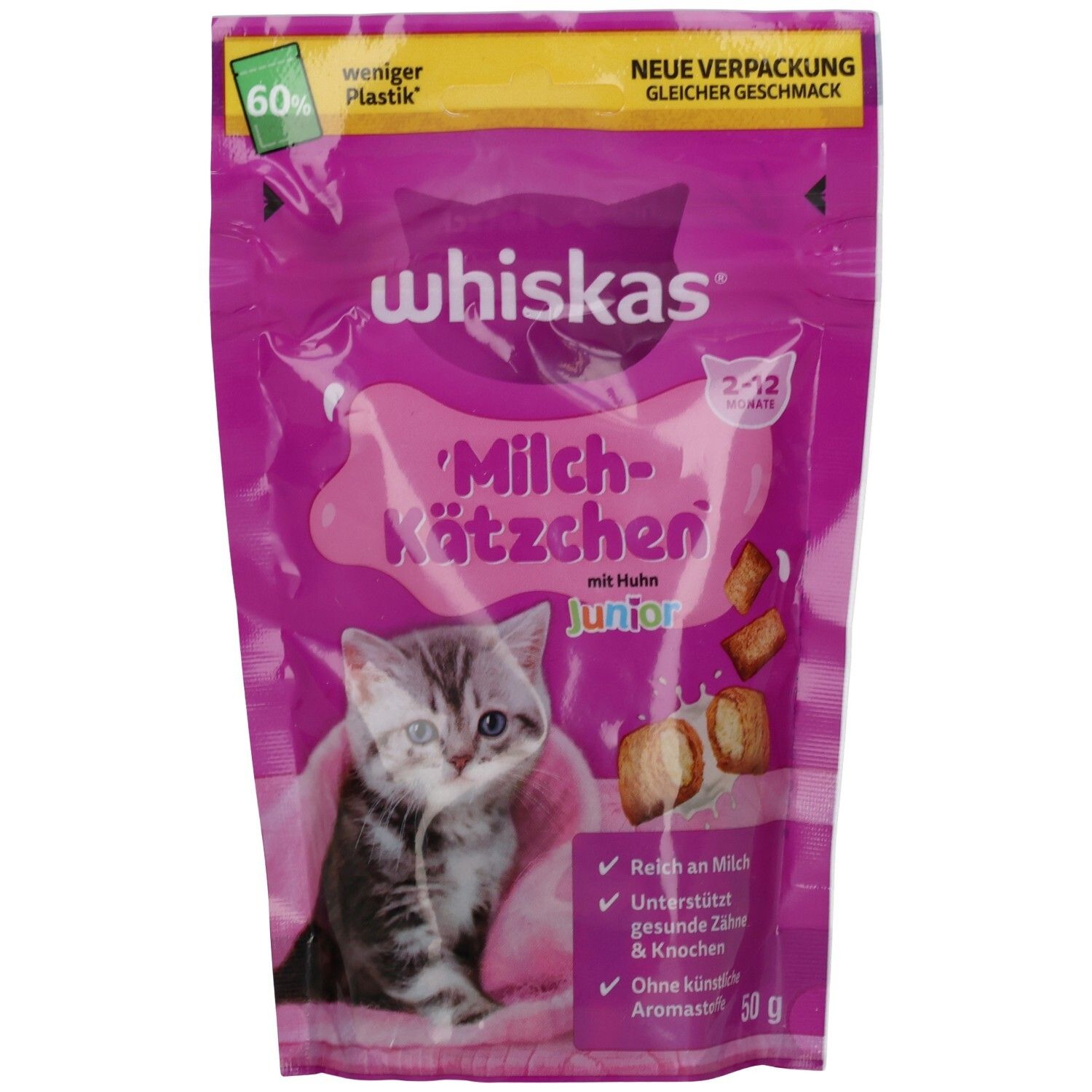 Rückseite Whiskas Milch-Kätzchen Junior Huhn Snack Beutel mit Produktinformationen.
