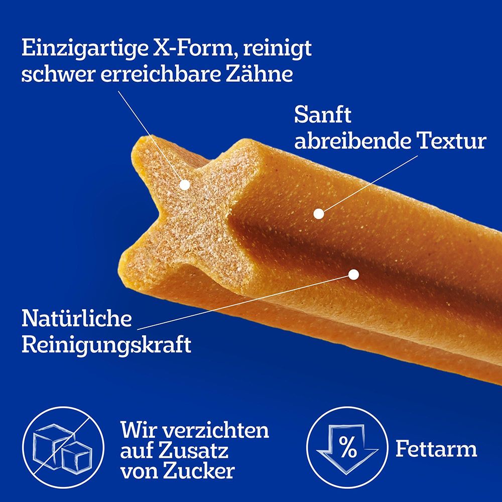 Nahaufnahme eines Pedigree Denta Stix Snacks mit X-Form und Textur.