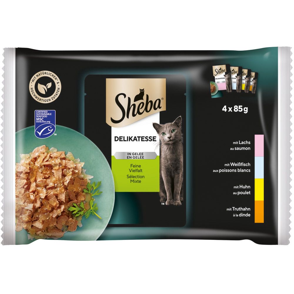 Sheba Delikatesse in Gelee Feine Vielfalt 4x85g Packung Katzenfutter.