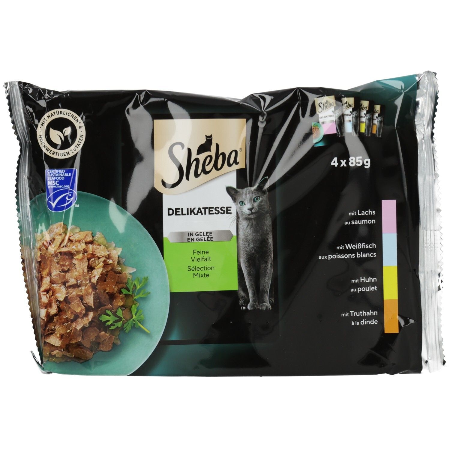 Sheba Delikatesse in Gelee Feine Vielfalt 4x85g Packung Katzenfutter.