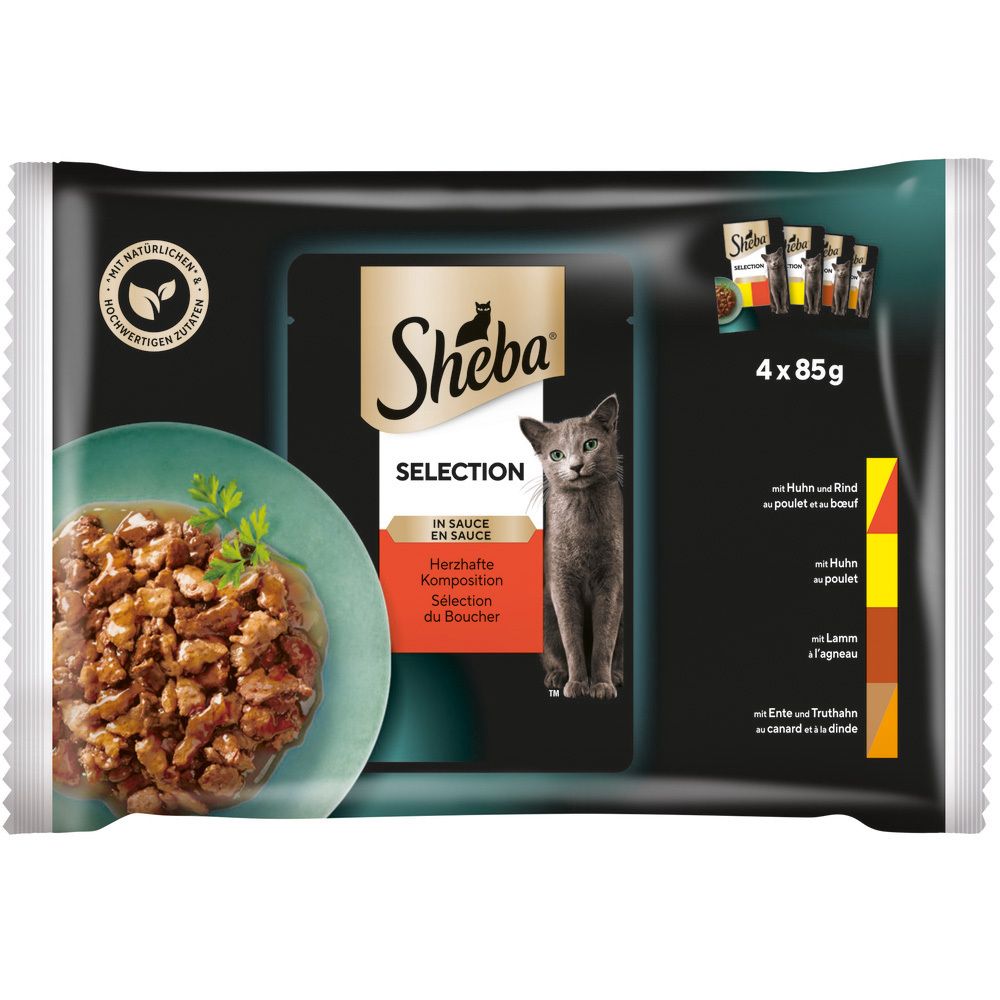 Sheba Selection Multipack: 4 x 85g Beutel mit herzhafter Komposition in Sauce für Katzen.