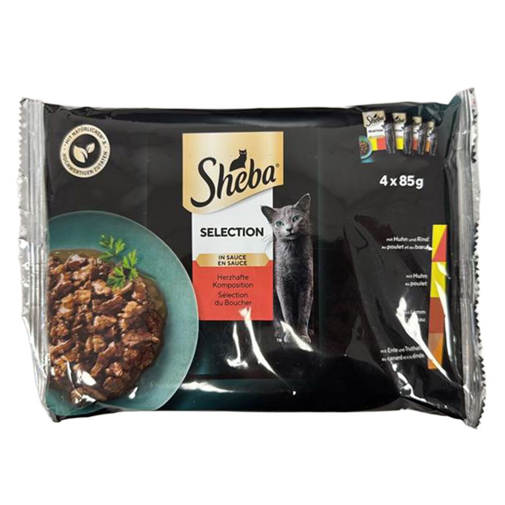 Sheba Selection Multipack: 4 x 85g Beutel mit herzhafter Komposition in Sauce für Katzen.