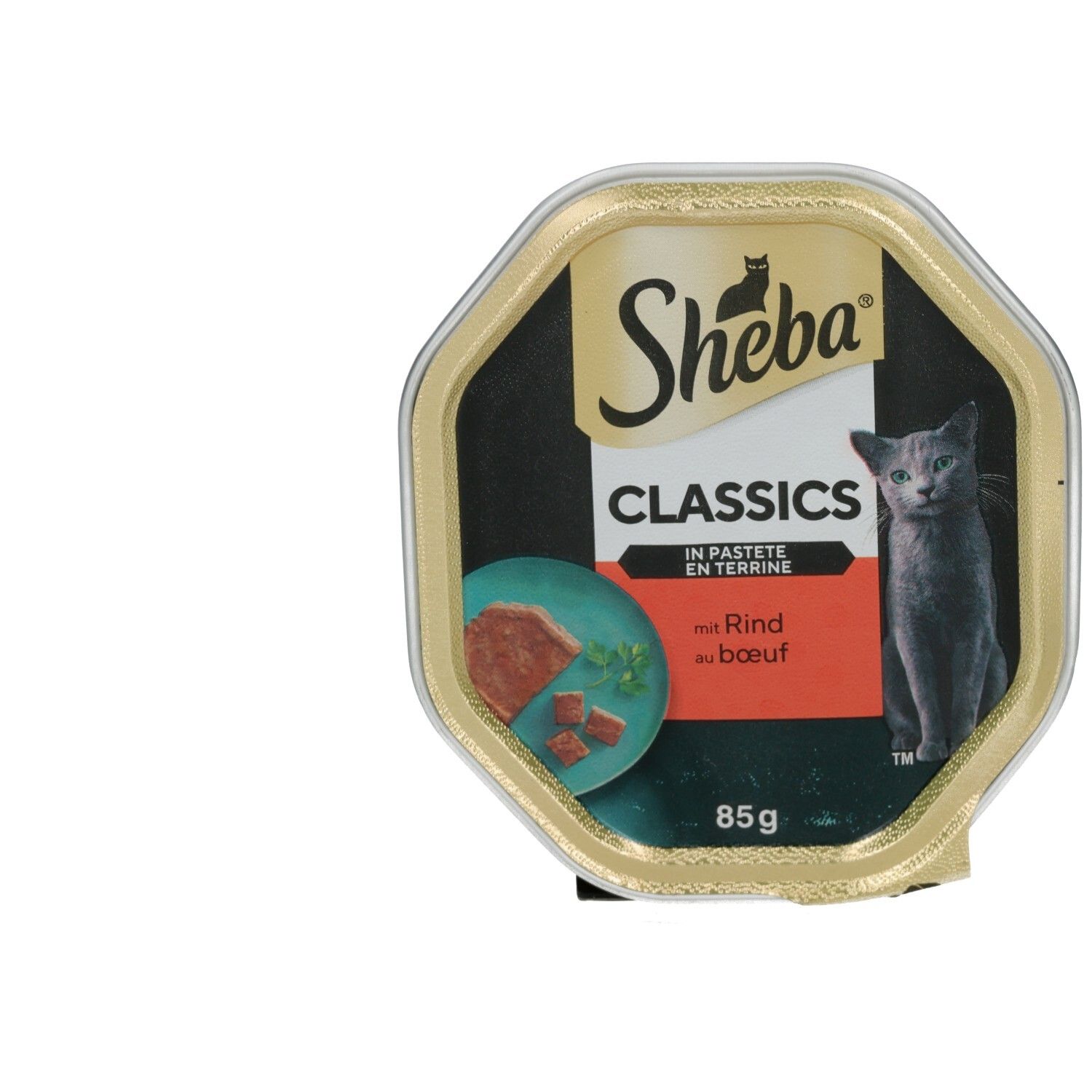 Sheba Classics Pastete Rind 85g: Eine Schale mit Rinderpastete und Würfeln, garniert mit Petersilie. Eine graue Katze sitzt daneben.