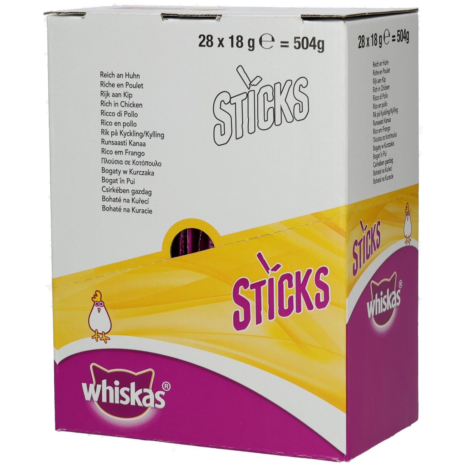 Whiskas Sticks Hühnchen-Großpackung, 28x18g, Vorderseite.