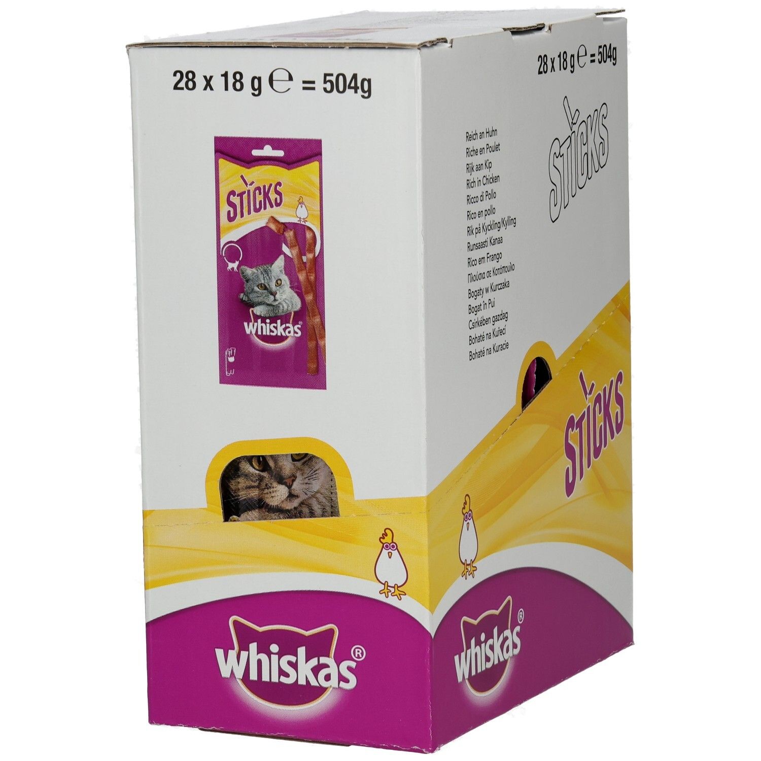 Whiskas Sticks Hühnchen-Großpackung, 28x18g, mit Sichtfenster.