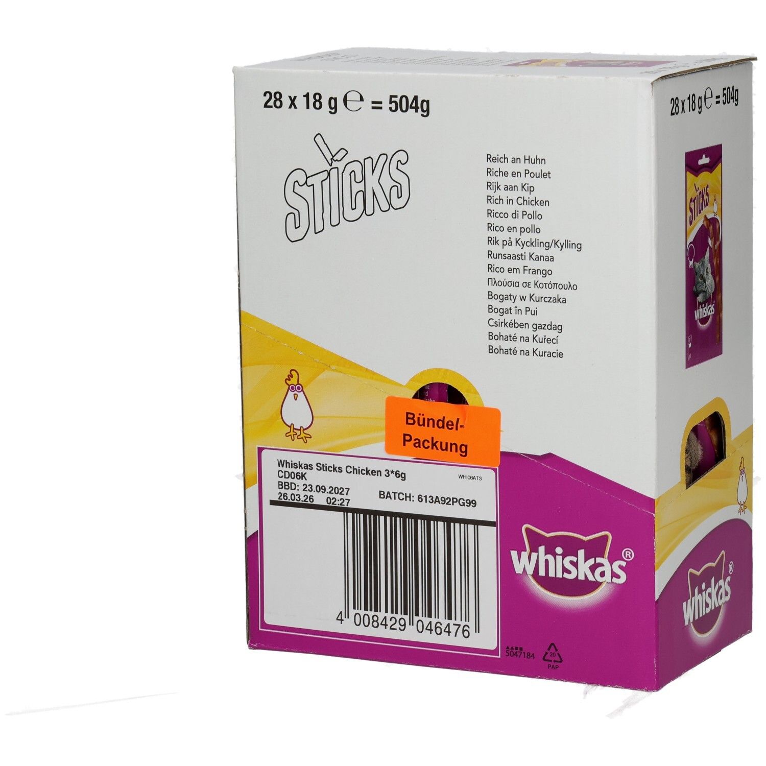 Whiskas Sticks Hühnchen-Großpackung, 28x18g, mit Etikett.
