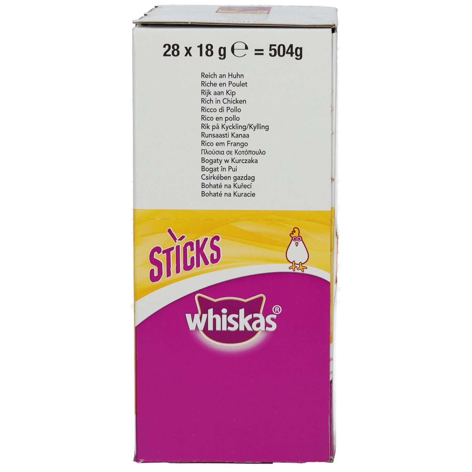 Whiskas Sticks Hühnchen-Großpackung, 28x18g, Seitenansicht.